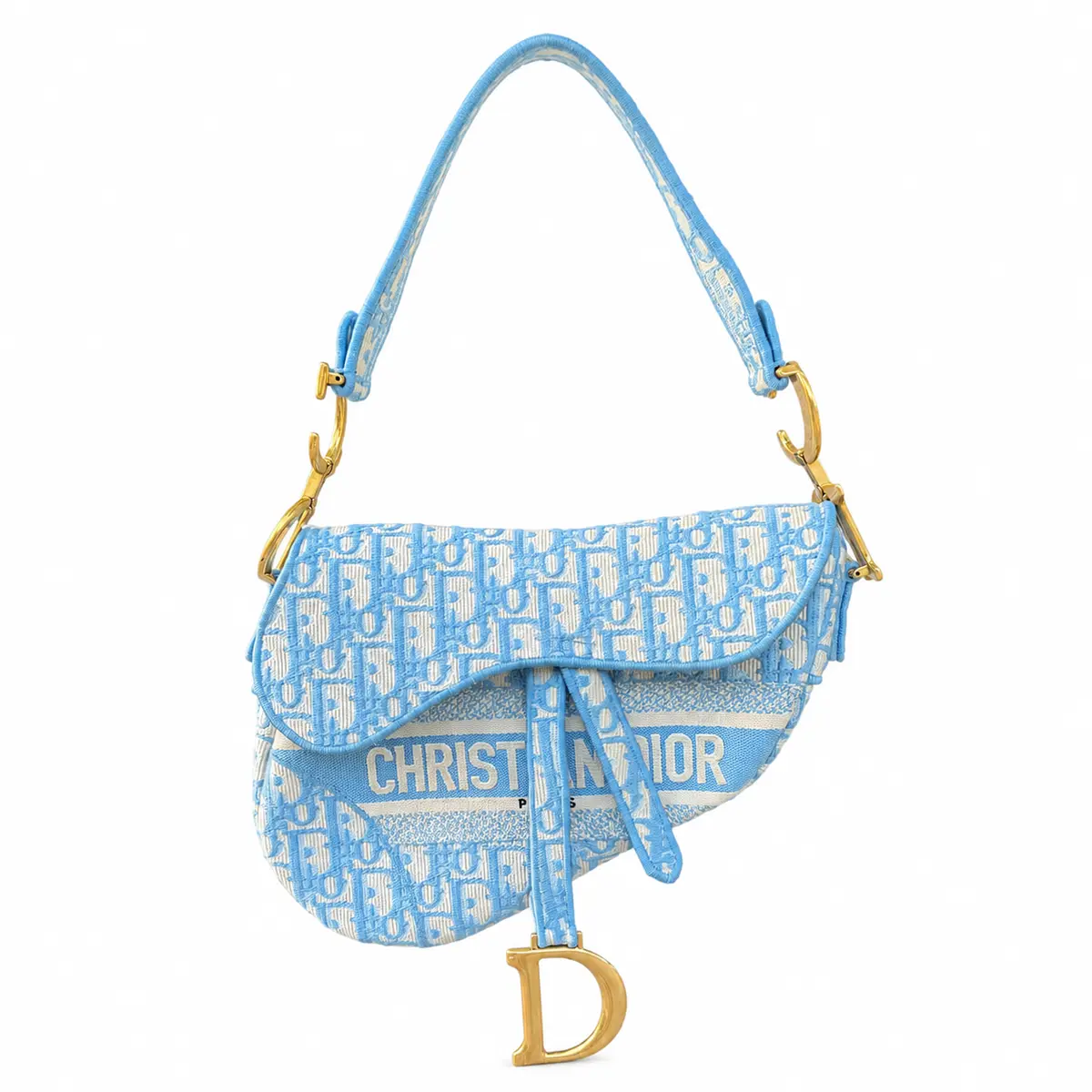 Christian Dior Blue Embroidered Medium Saddle Bag